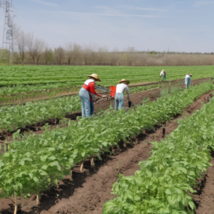 Landwirtschaftliche Helfer für den Tomatenanbau im Frühjahr