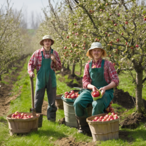 Landwirtschaftliche Helfer für die Apfelernte im Frühling