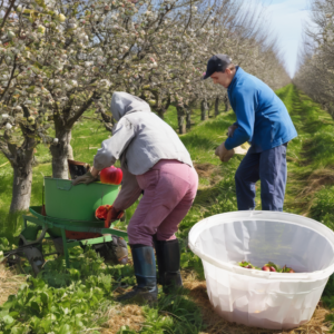 Landwirtschaftliche Helfer für die Apfelernte im Frühling