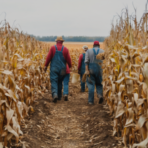 Landwirtschaftliche Helfer für die Maisernte im Herbst