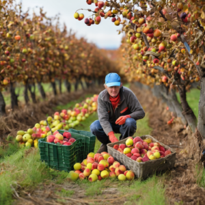 Landwirtschaftliche Helfer für die Obsternte im Herbst