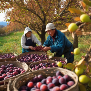 Landwirtschaftliche Helfer für die Zwetschgenernte im Herbst