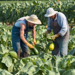 Saisonarbeiter für die Ernte von Zucchini